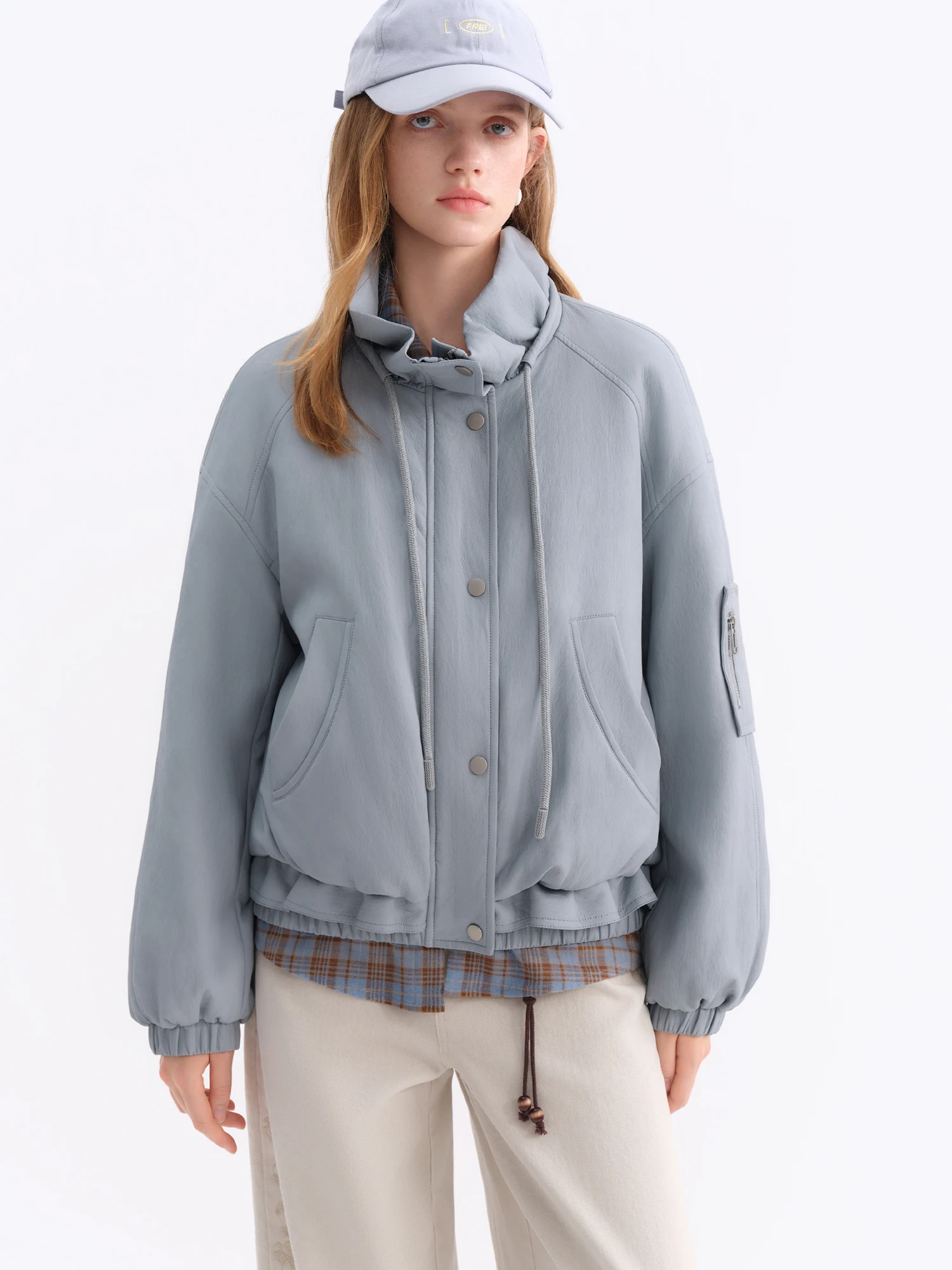 FSLE ソフトグルテンプロテインレザーショートダウンジャケット 2025 冬の新スタイルジャケットライトブルークロップドトップスソリッドルーズレジャー