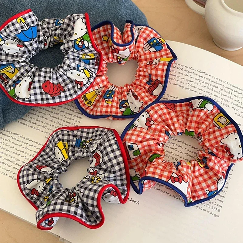 Kawaii Hello Kitty Plaid Large Intestine Hair Ring Sweet Girl Children Cute Sanrios Head Rope Decoration Christmas Scrunchy Gift