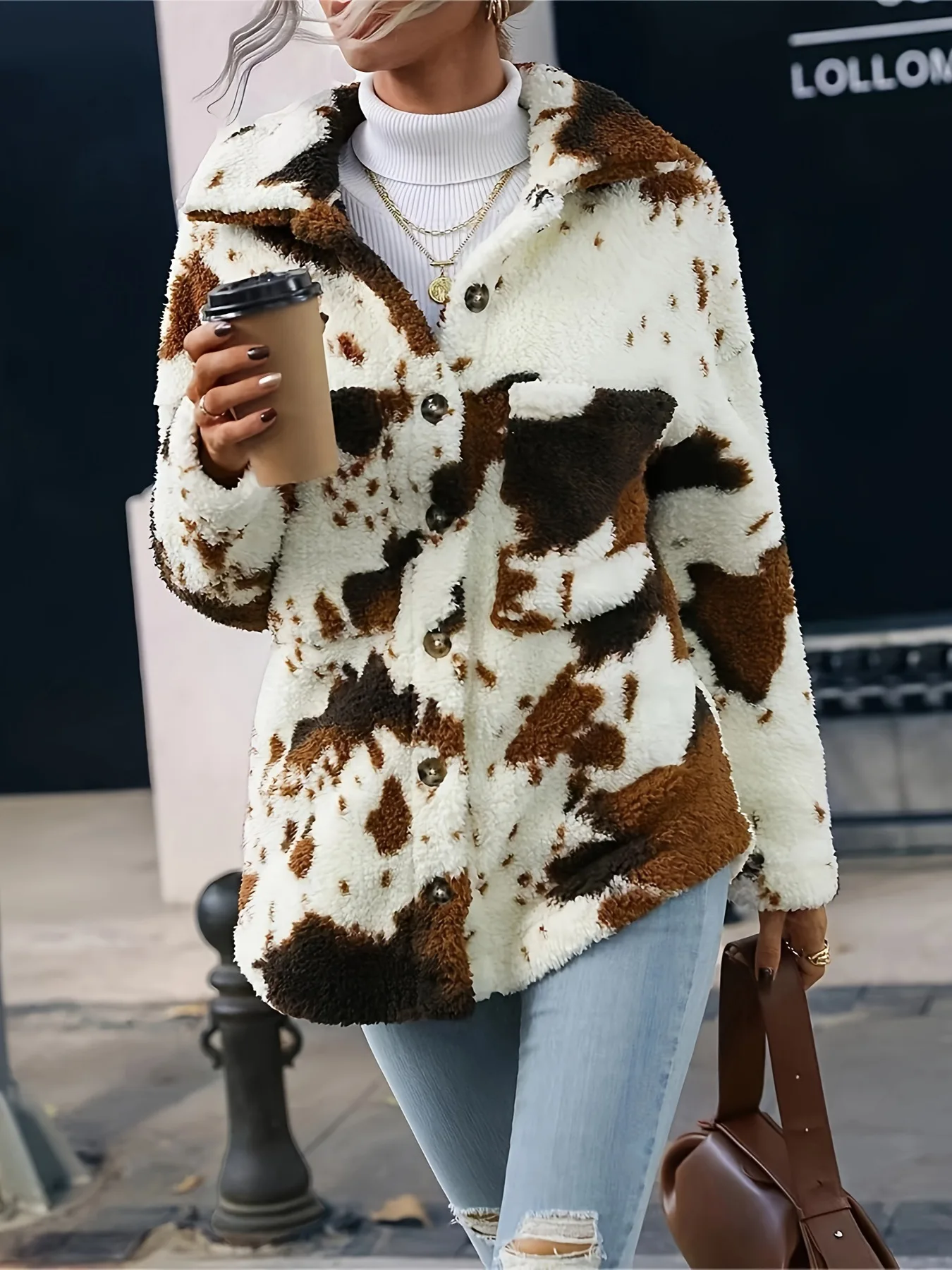 Women's Cow Print Double-sided Cashmere Coat Autumn Winter Loose Coats With Pockets Single Breasted Lapel Collar Plush Jacket