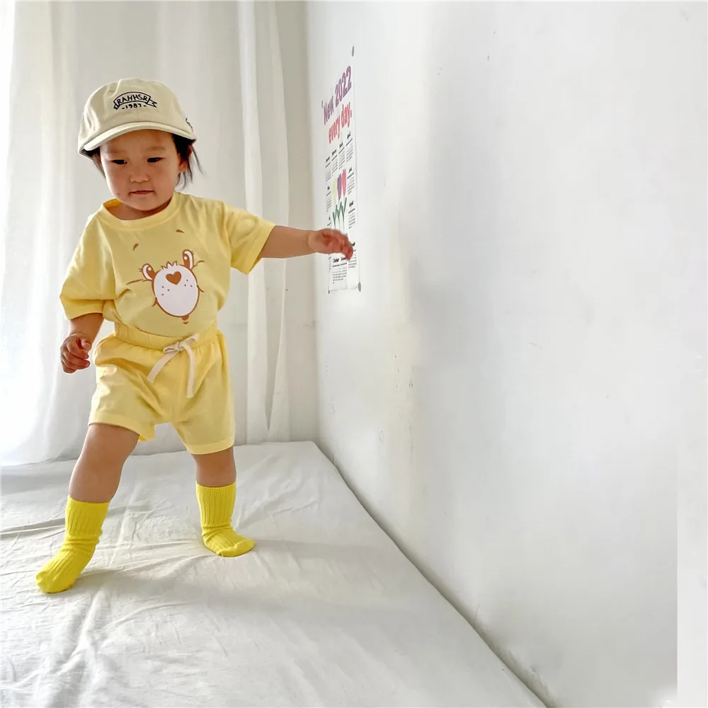 2024 New Korean Kids Short Sleeve Suit Cartoon Bear Girls Boys Set Summer Tops + Short Baby Clothes Children\'s Wear 0-5 Years