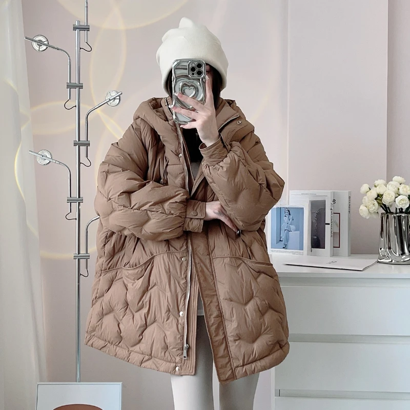 Monochrome Hooded Down Jacket for Women, Oversized, Medium Length, Thick Warm Parker Coat, High-end Design, Zip, 2024