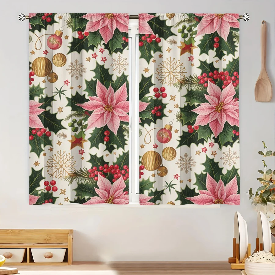 2PCS Digital Print Curtain, Poinsettia Flowers with Holly and Red Berries, Gold Ornament Balls on White, for Window Home Decor
