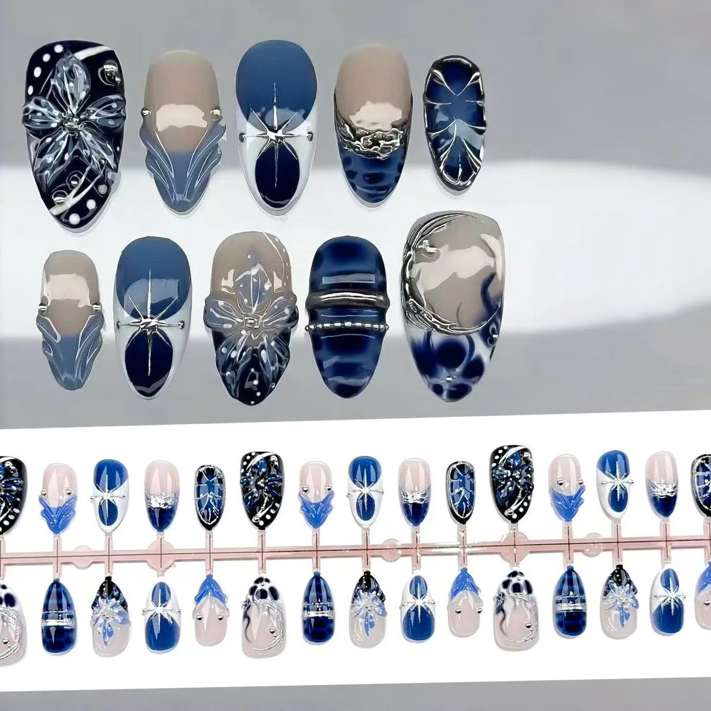 Black and blue French ice flower explosion wearing armor silver dark y2k ultra-short almond nail patch Spice girls ins