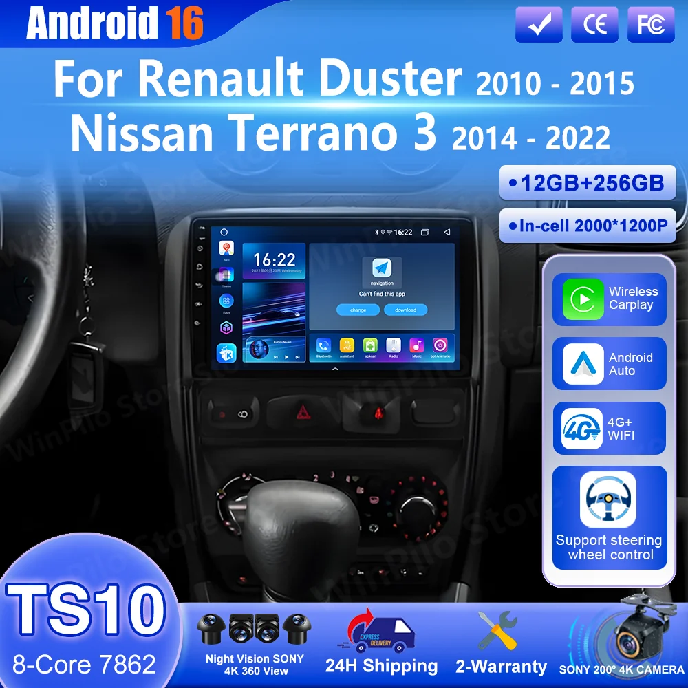 Android 16 Carplay para Renault Duster 2010 - 2015 Nissan Terrano 3 2 Reprodutor de Vídeo Multimídia Automotivo Wireless Carplay Bluetooth GPS