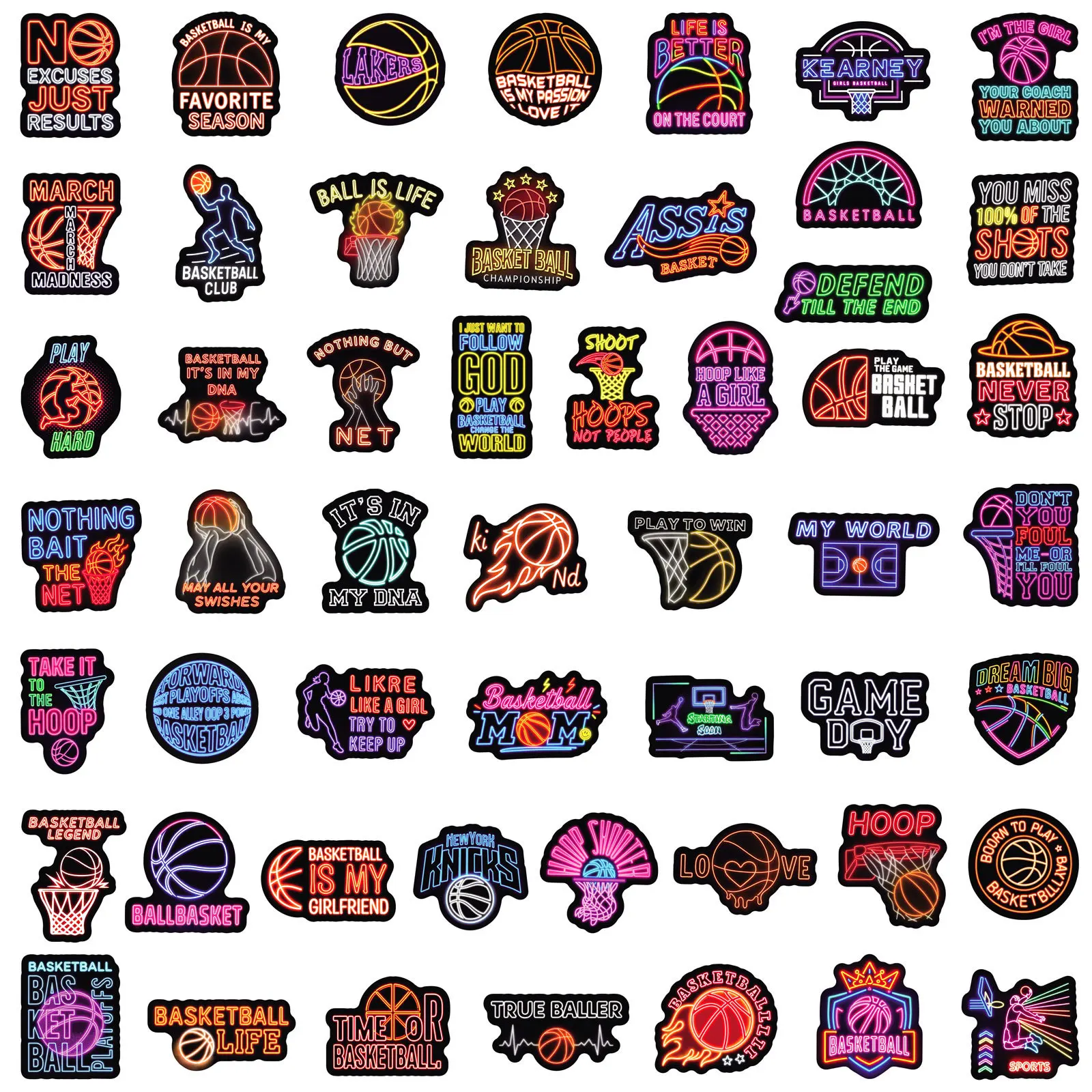 50Pcs Cartoon Neon Motivational Basketball Sports Sticker DIY Decoration Waterproof Skateboard Notebook Graffiti Toy