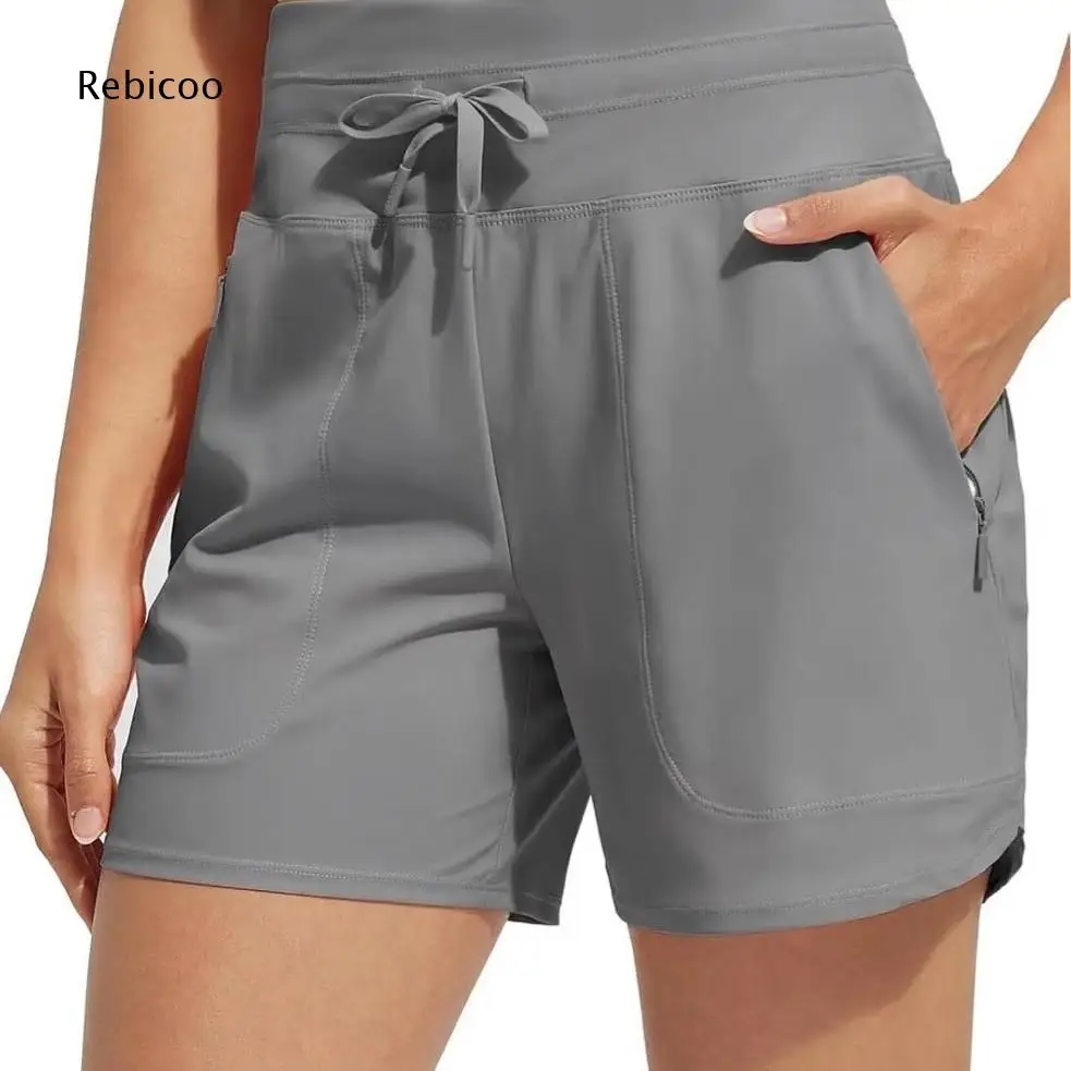 Women Casual Hiking Shorts High Waist Drawstring Waist Zipper Pockets Quick Dry Solid Lightweight Outdoor Sports Short Pants