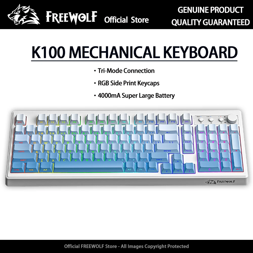 

FREEWOLF K100 Тихая беспроводная механическая клавиатура с медиа-ручкой | Боковая подсветка | 4000 мАч | 26-клавишный перекидной механизм для офиса/игр