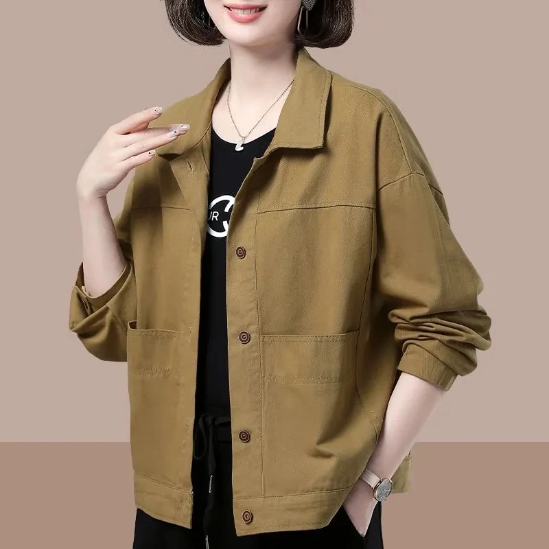 Pure cotton Jacket 2024 Spring and Autumn New Loose Long sleeved Casual Coat Solid color Thin Top Female Short Jackets