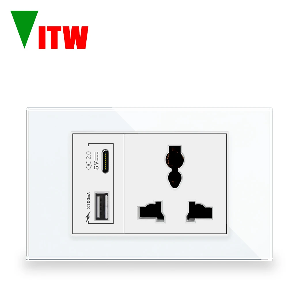 مقبس توصيل VITW Universal 13A مع منافذ USBA&amp;C 2A، تأريض قياسي تيار متردد 110-250 فولت، مخرج طاقة جداري للوحة زجاجية 120 × 72 مم