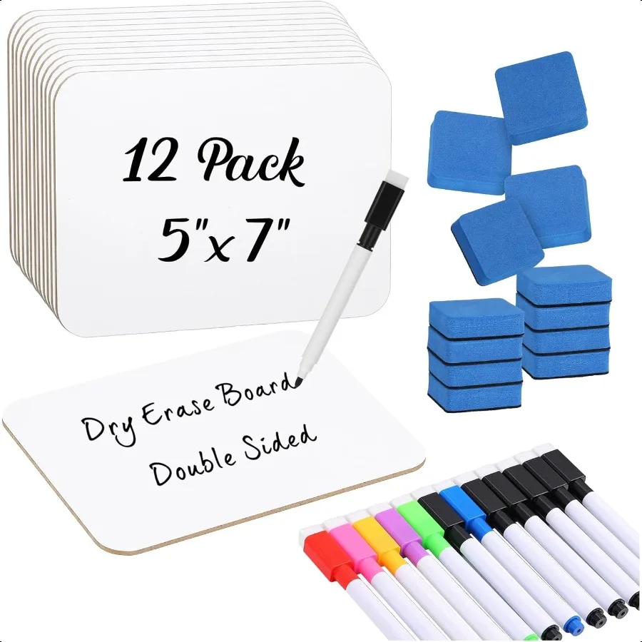 

12 Sets Small Whiteboard Dry Erase Boards 5" x7'' Mini Double Sided Dry Erase Lap Boards with Markers Erasers Pen Holders Perso