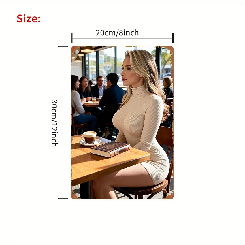 Vintage 2D Flat Blonde Woman in Beige Turtleneck Bodycon Mini Dress Tin Sign - Retro Coffee Shop Portrait Metal Wall Art Decor f