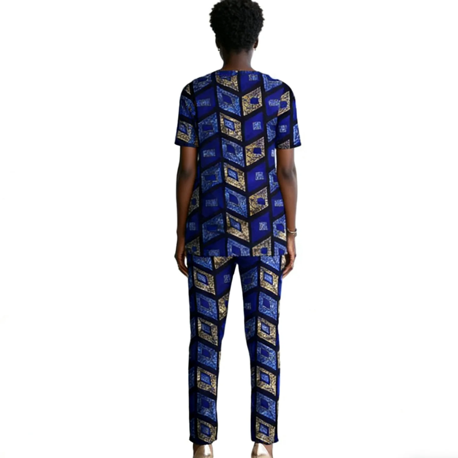 African Couture Women’s Print Short Sleeve Blouse Patch Elastic Waist Pant Custom Made Ankara Outfits Party Wear