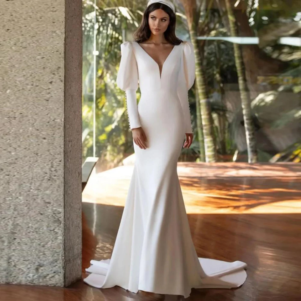 Customzied Puffy Sleeve Mermaid Wedding Dress V Neck Open Back vestidos de novia Button Back Satin Bridal Gown