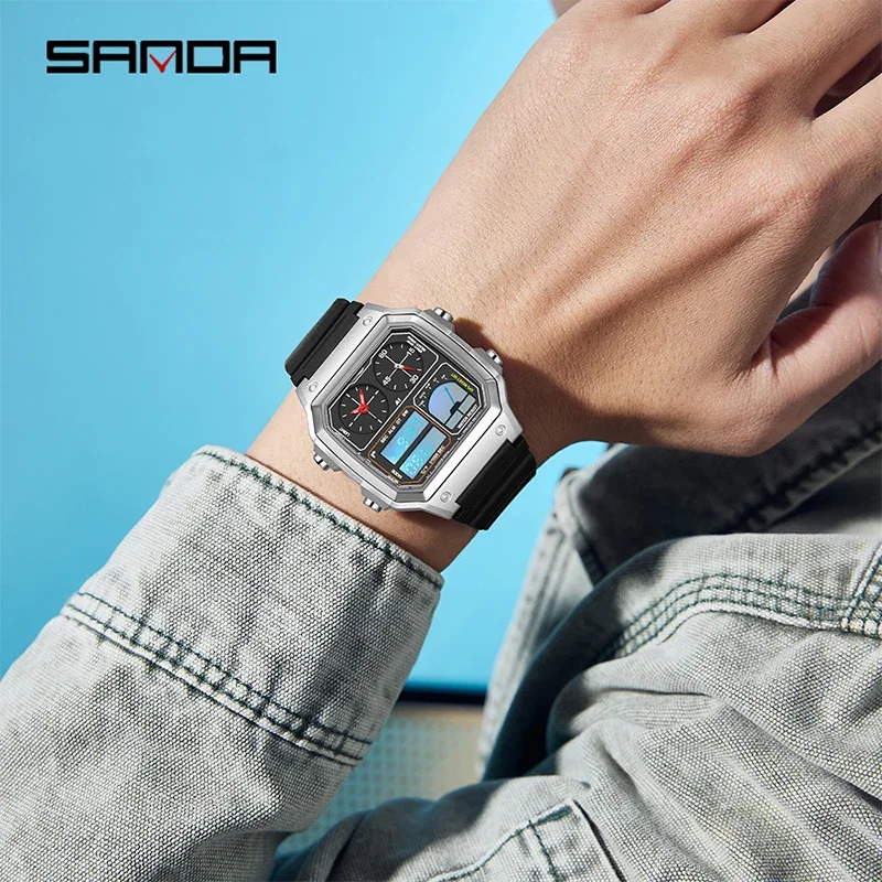 SANDA ساعة إلكترونية فاخرة للرجال موضة رياضية متعددة الوظائف لقياس درجة الحرارة مقاومة للماء LED ساعة يد كوارتز للطلاب