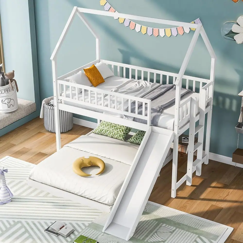 

White Wooden Twin Over Full Bunk Bed with Slide and House Design, Built-in Ladder, Full Guardrail for Kids
