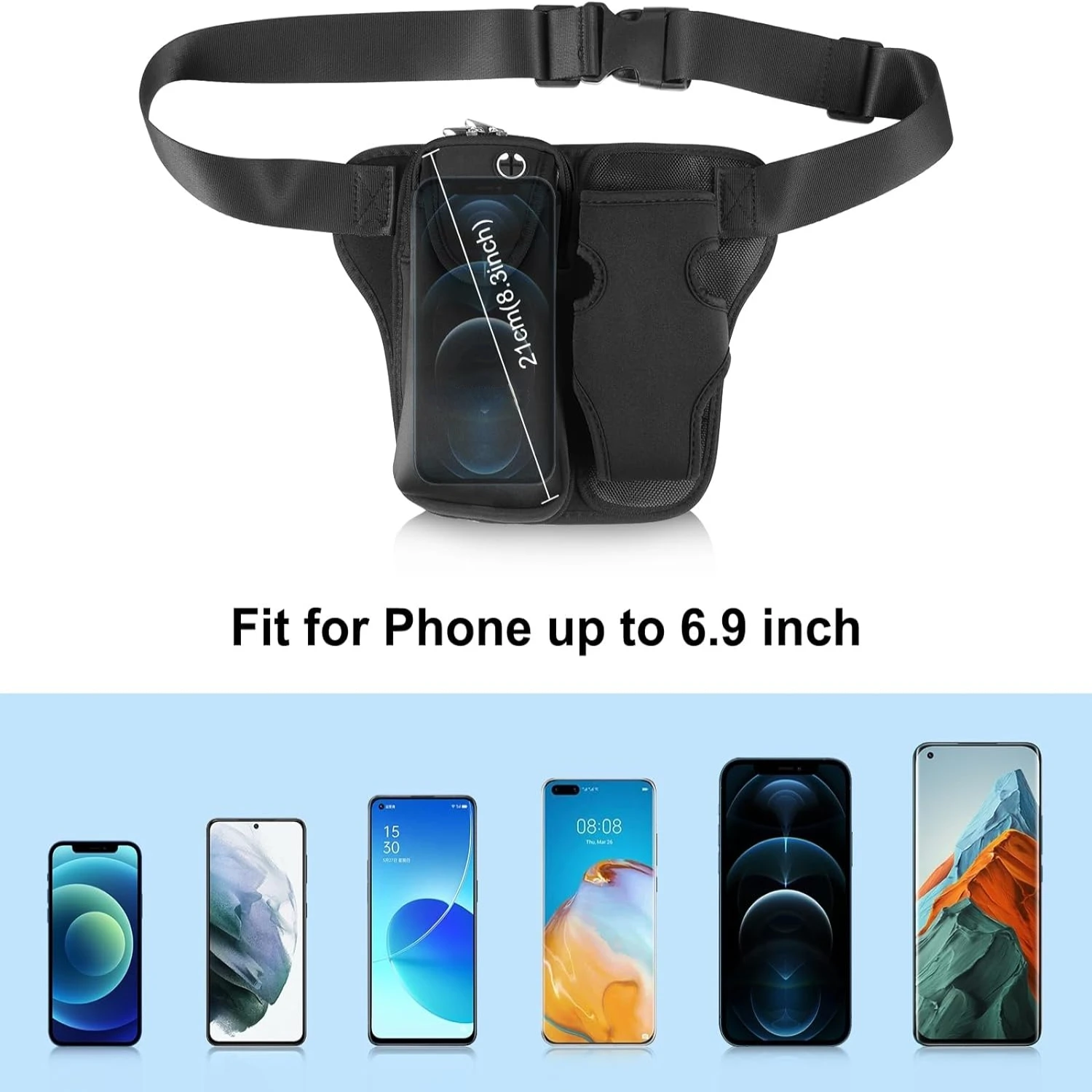 Black Running Belt with Adjustable Strap, Water Bottle Holder, Phone Pocket - Fanny Pack for Men and Women - Fits 6.9" Phones