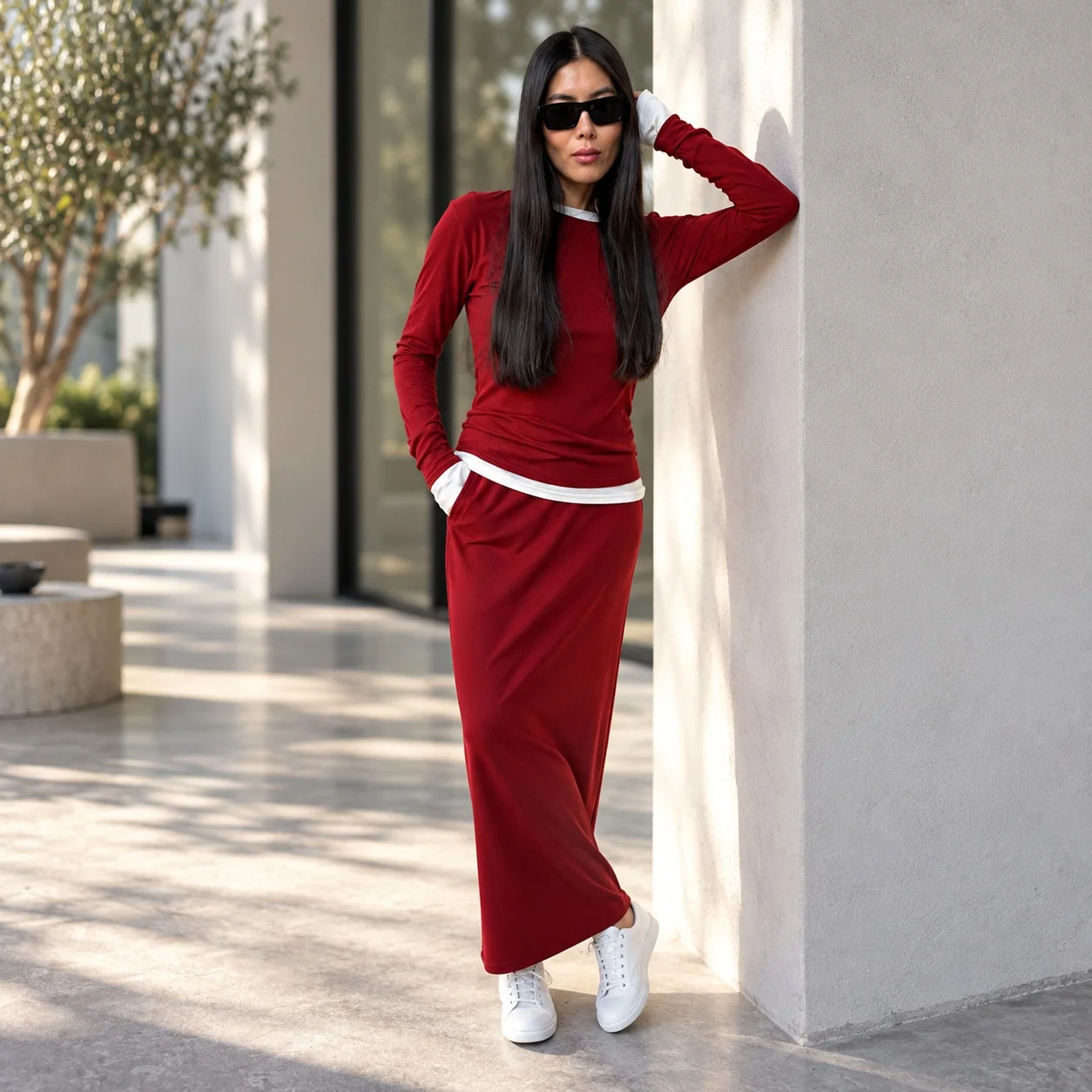 Ribbed Casual Set Full Length Japanese Korean Casual with Full Length Pants Regular Sleeve Long Sleeve Autumn Women Sets