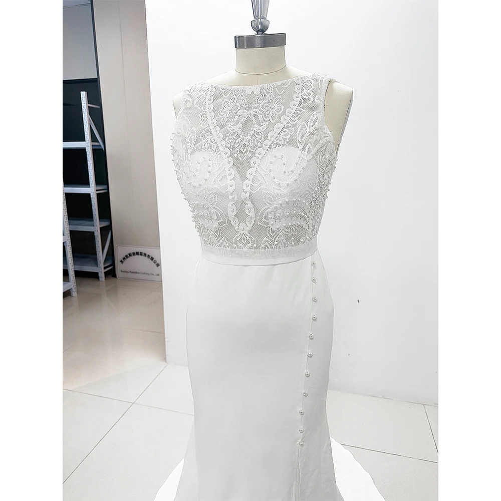 

Elegant White Lace Wedding Dresses Chic O-Neck Pearls Appliques Mermaid Gowns Fashion Sweep Train Side Slit Bridal Dresses