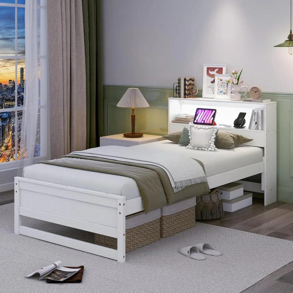 

Twin Bed Frames with Storage Headboard, Wood Platform Bed with Charging Station & LED Light, Single Bed with Slats Suppo