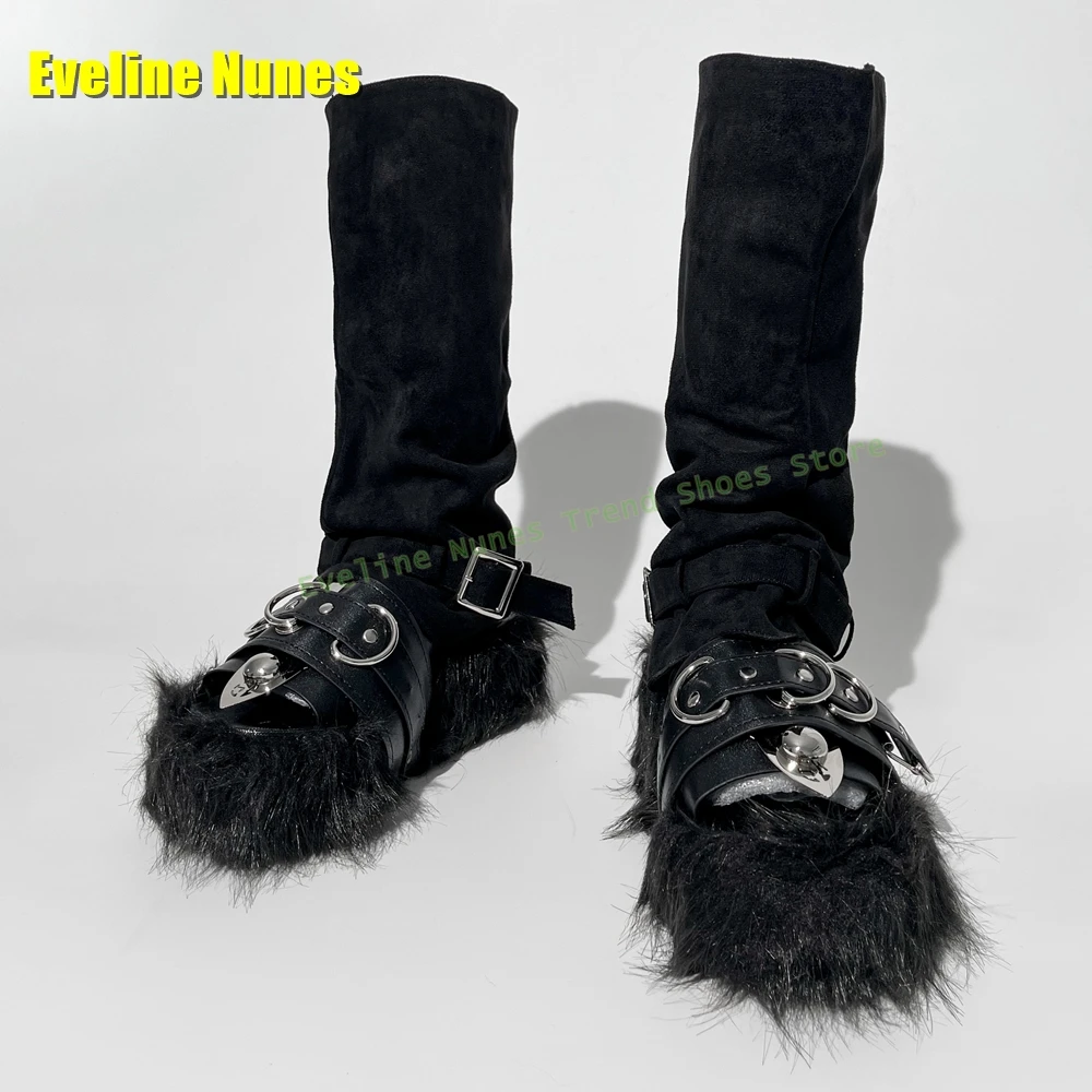 

Y2K Fur Belt Buckle Platform Boots Round Toe Thick Sole Slip On Shallow Patchwork Women Punk Slippers 2025 Summer Autumn Shoes
