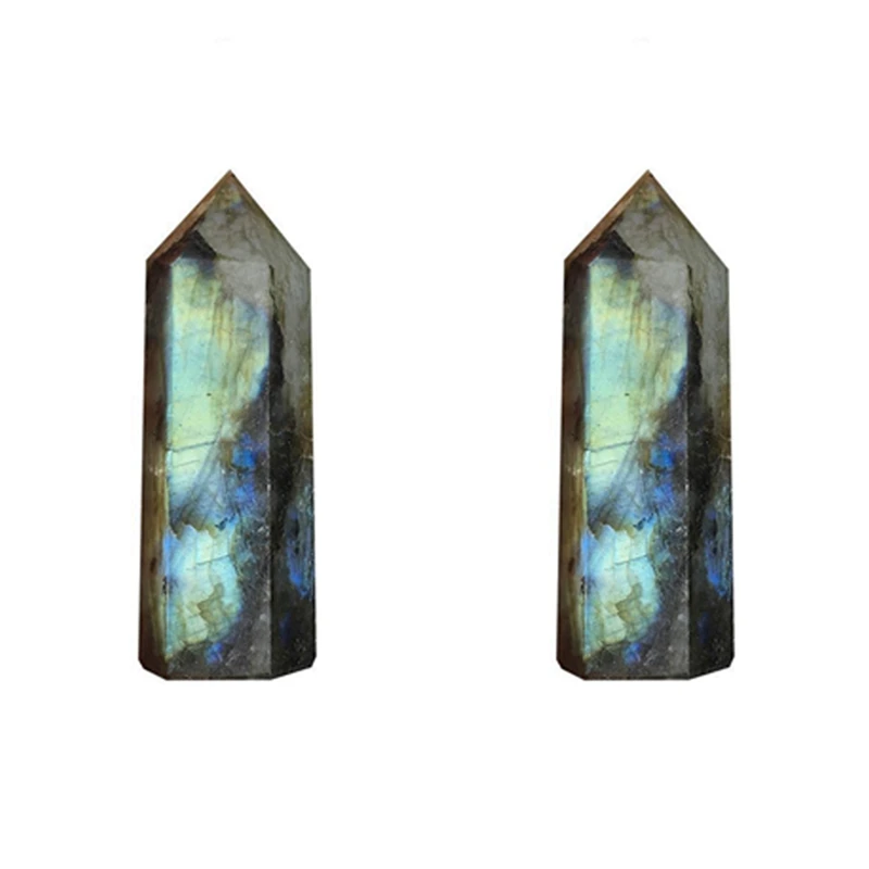 2X Moonstone Crystal Column Natural Labradorite Quartz Obelisk Crystal Column Wand Point Healing Stone Home Decor 5-6cm