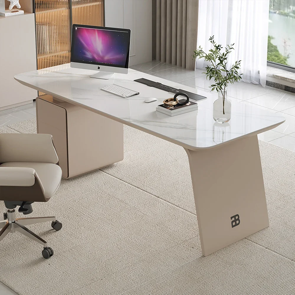 أثاث طاولة مكتبية حديثة فاخرة من الحجر مكتب عمل أبيض تصميم مكتب منزلي وكرسي