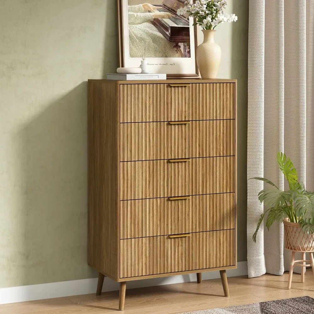 

Fluted 5 Double Drawers Dresser for Bedroom, 45”Tall Modern Chest of Drawers with Deep Drawers,Curved Profile Design, Wood Draw