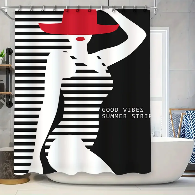 

Summer Style Shower Curtain with Good Vibes Stripes Bath Decoration in Red Hat Women Pattern for Bathroom Decorations 72x72 inch