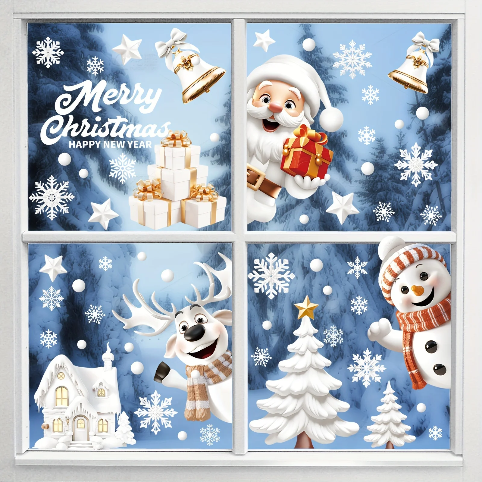 9 sheets Festive Double-Sided Christmas Window Clings - Reusable PVC Decorative Art, Featuring Santa,Snowmanstatic cling sticker