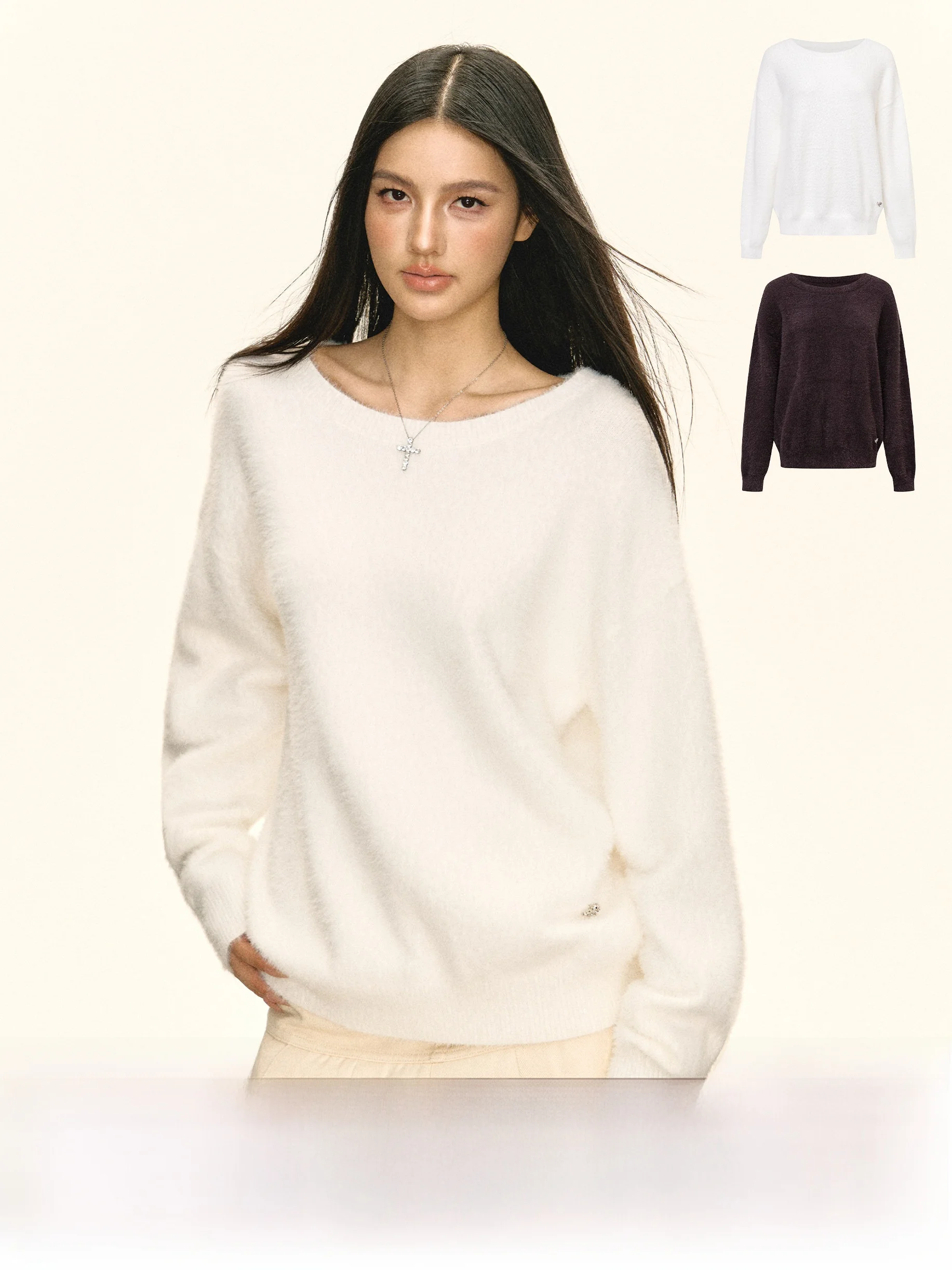 

Ariseism American Retro round Ne Sweater Women Loose Top Spring New Sle Street Sle Long Sve Pure Color Casual Wear