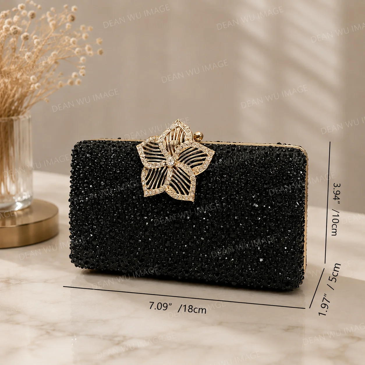 Luxury Black Crystal Evening Clutch Bag Women Rhinestone Flower Party Purse Wedding Banquet Handbag