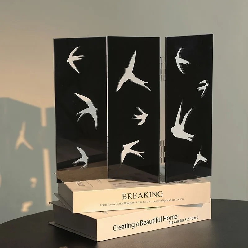 Black Acrylic Mini Folding Screen Mirror Swallow Hollow Desktop Ornament Modern Minimal Tabletop Room Decor