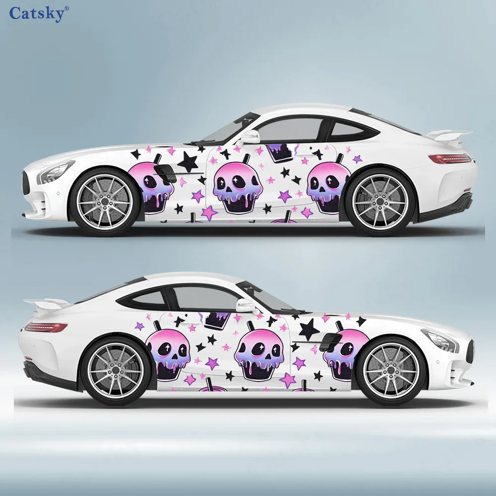 Skull Drink and Stars Car Side Car Wraps, Self-Adhesive PVC Waterproof & Scratch-Resistant Stickers, Car Accessory Gift