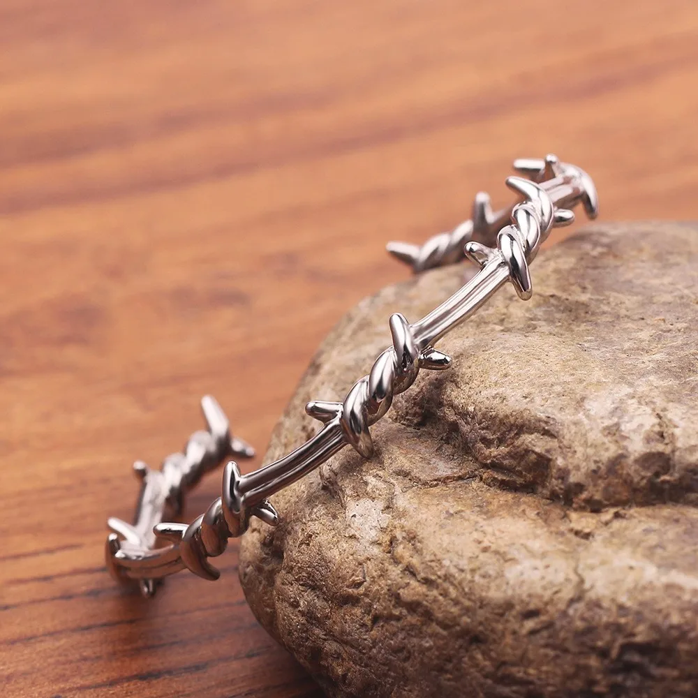 Silver Open Cuff Barbed Wire Bracelet, Irregular Thorn Twisted Metal Bangle Punk Cool Minimalist Statement Jewelry for Men Women
