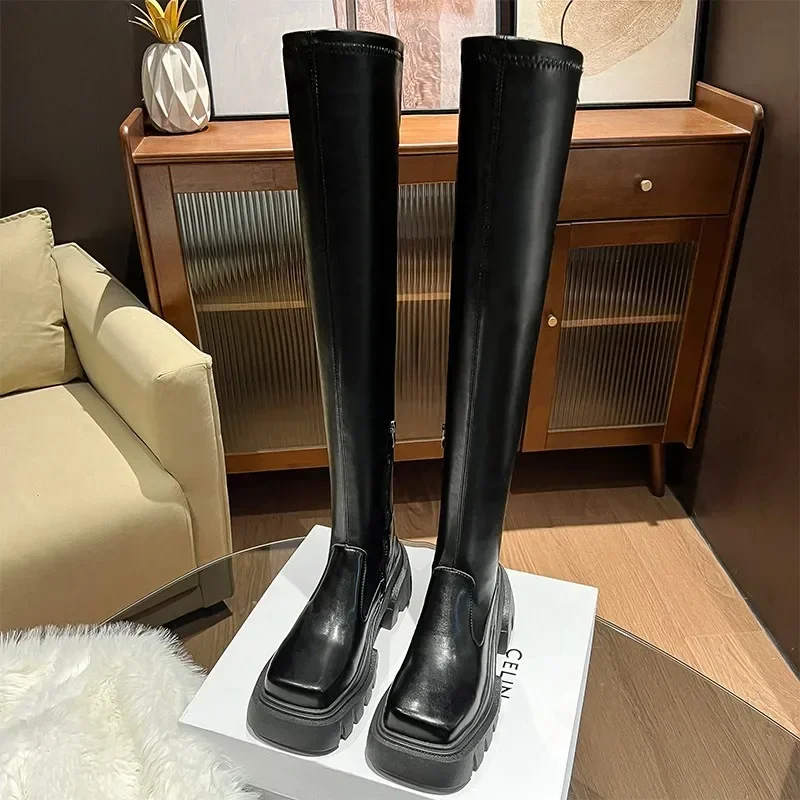 Sexy Black Leather Thigh High Boots Women Over The Knee Boot Square Toe Zipp Thick Sole Shoes Botas Mujer