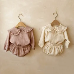 2pcs Newborn Baby Girls Clothes Organic Cotton Ruffled Collar Lapel Long Sleeve Shirt Top + Bread Pants Korean Casual Clothing