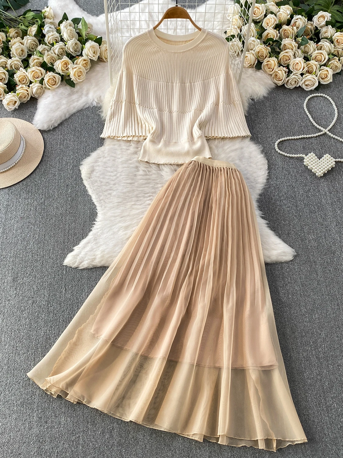 

Elegant Cowl Neck Knitted Long Sleeve Top And Mesh Skirt Two Piece Set Draped Flowing Style Casual Summer Outfit for Women