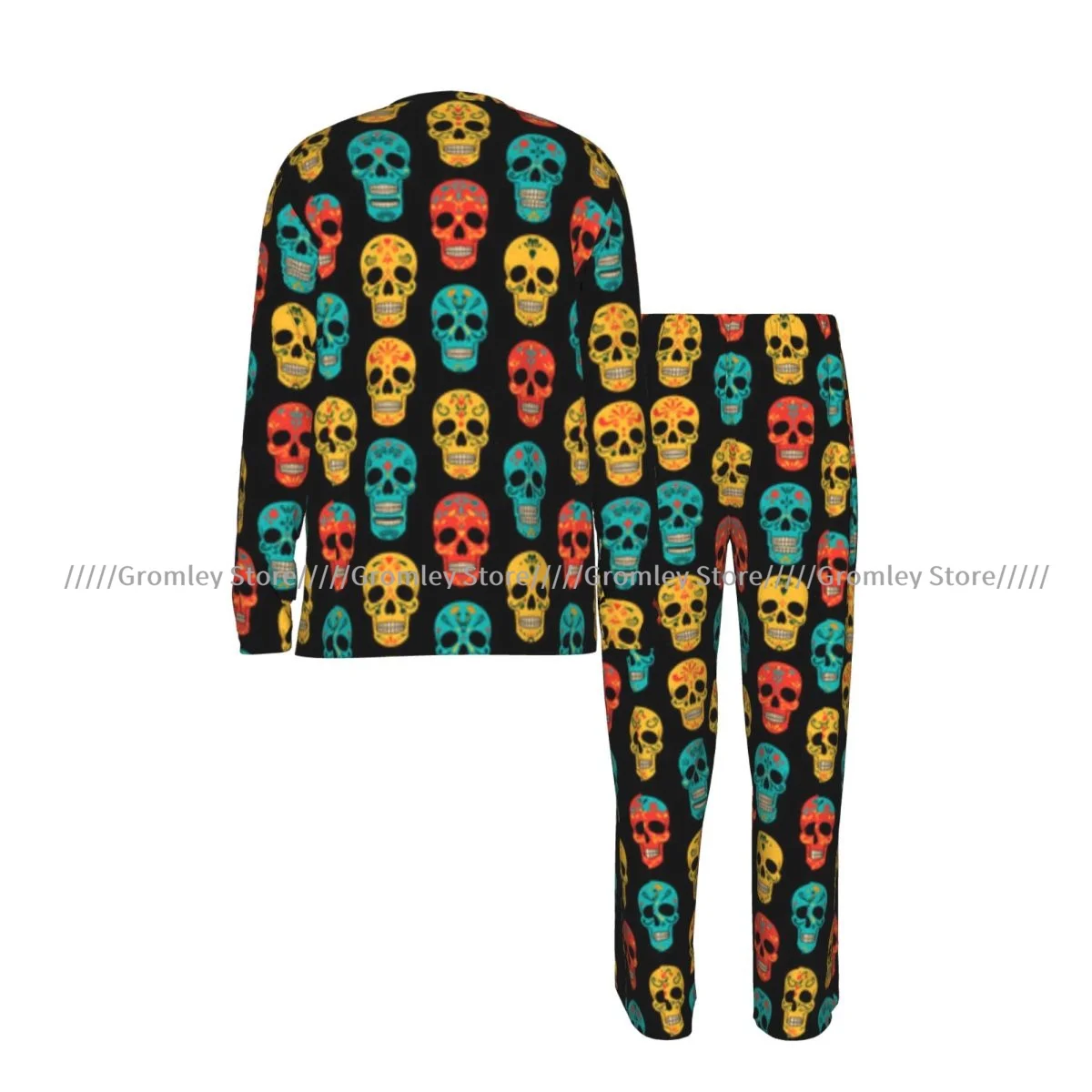 Men's Pajama Set Long Sleeve and Long Pants Colorful Skulls Illustration Soft Sleepwear for Home