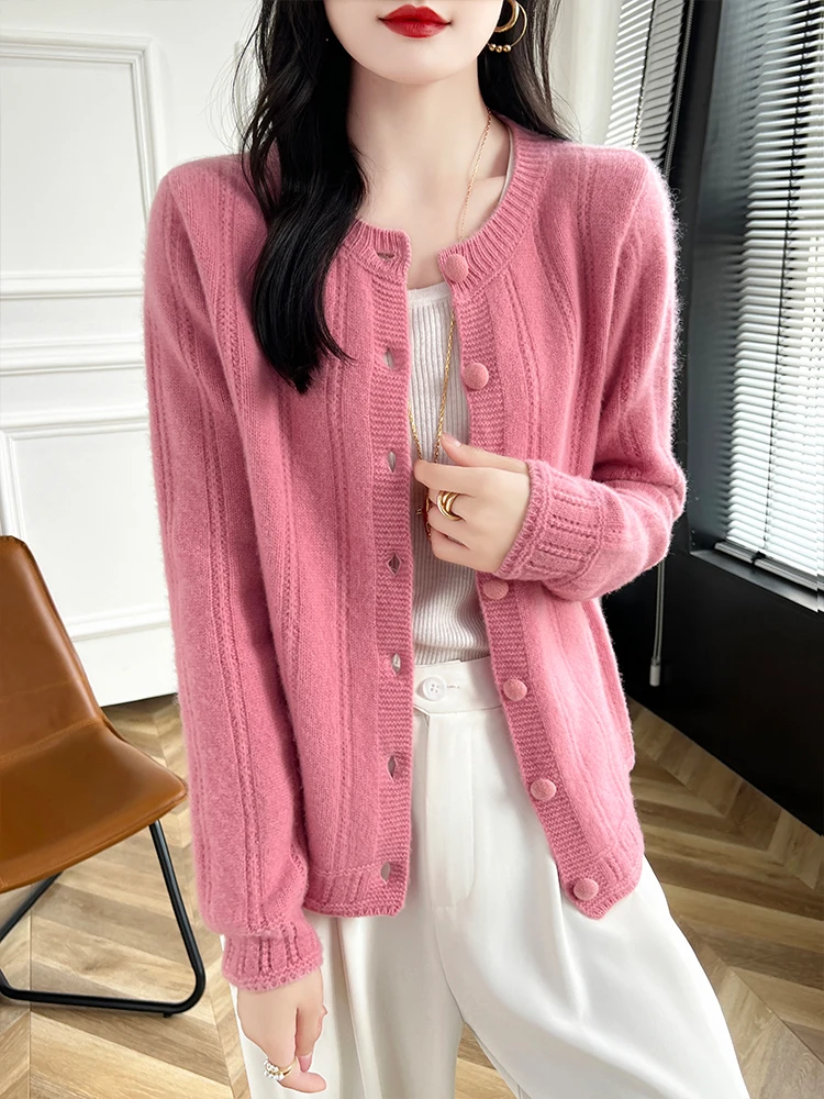 Cardigan boutonné à col rond pour femme, pull 2024 laine mérinos, manches longues, tricots en cachemire, manteau femme, mode, automne, hiver, nouveau, 100%