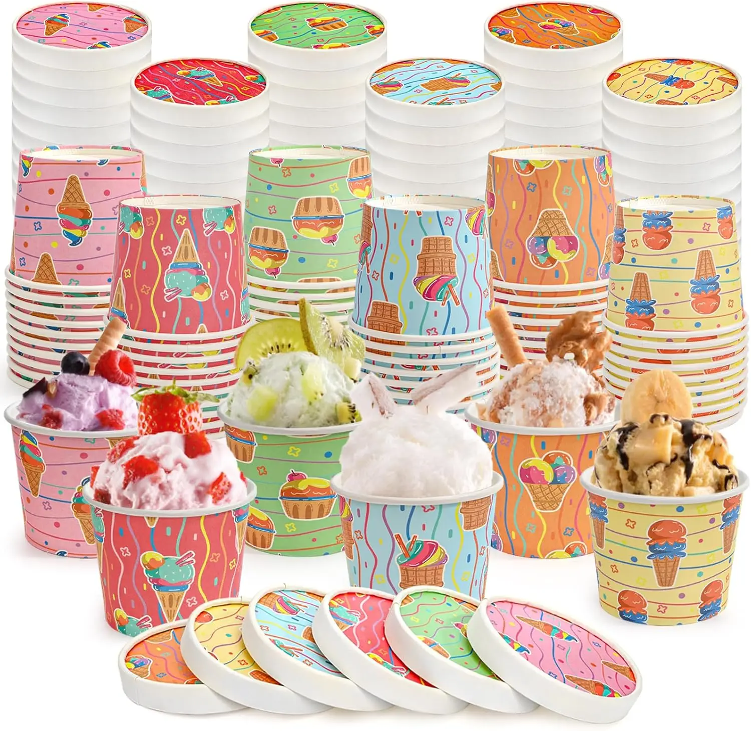 

60 Pack Ice Cream Cups with Lids, 8 oz Paper Treat Cups, Disposable Dessert Bowls for Hot and Cold Food, Colorful Snack