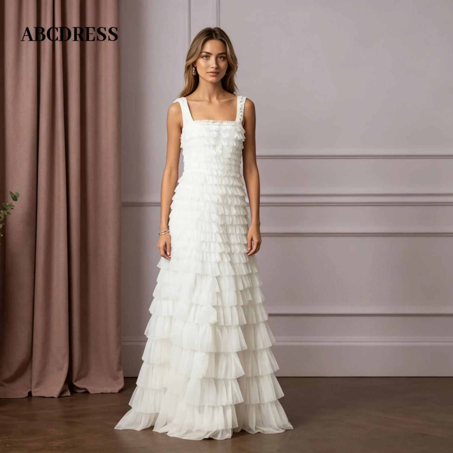 ABCDRESS Customized A-Line Ruched Tulle Wedding Dresses Square Neck Sleeveless Bridal Gown slender straps Layered Lady Dress