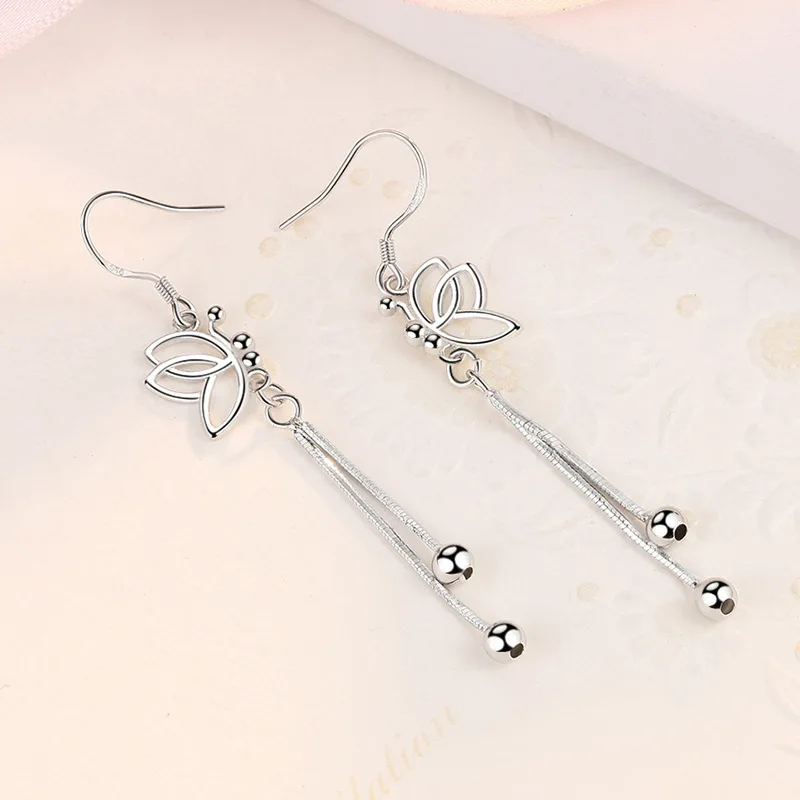 925 Sterling Silver New Women's Fashion Jewelry Long Butterfly Drop Earrings XY0036