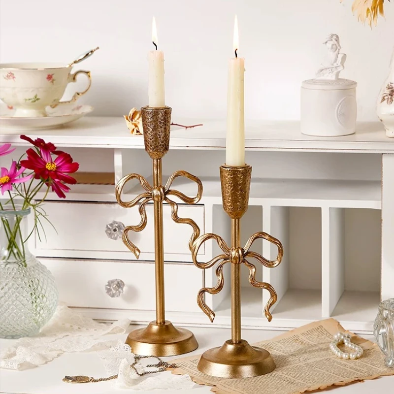 1PC French Style Candle Holder with Bow Knot Golden Luxury Advanced Sense Romantic Photo Props Home Decoration