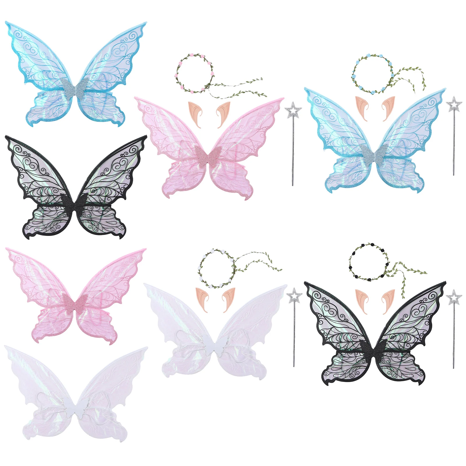 

Kids Adult Halloween Party Fairy Elves Cosplay Costume Prop Elastic Strap Angel Butterfly Wings Elf Ears Magic Wand Wreath