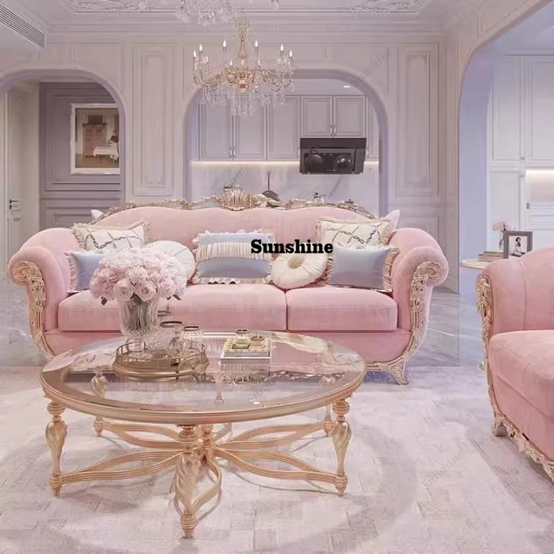 

French solid wood sofa living room carved fabric sofa luxury court style