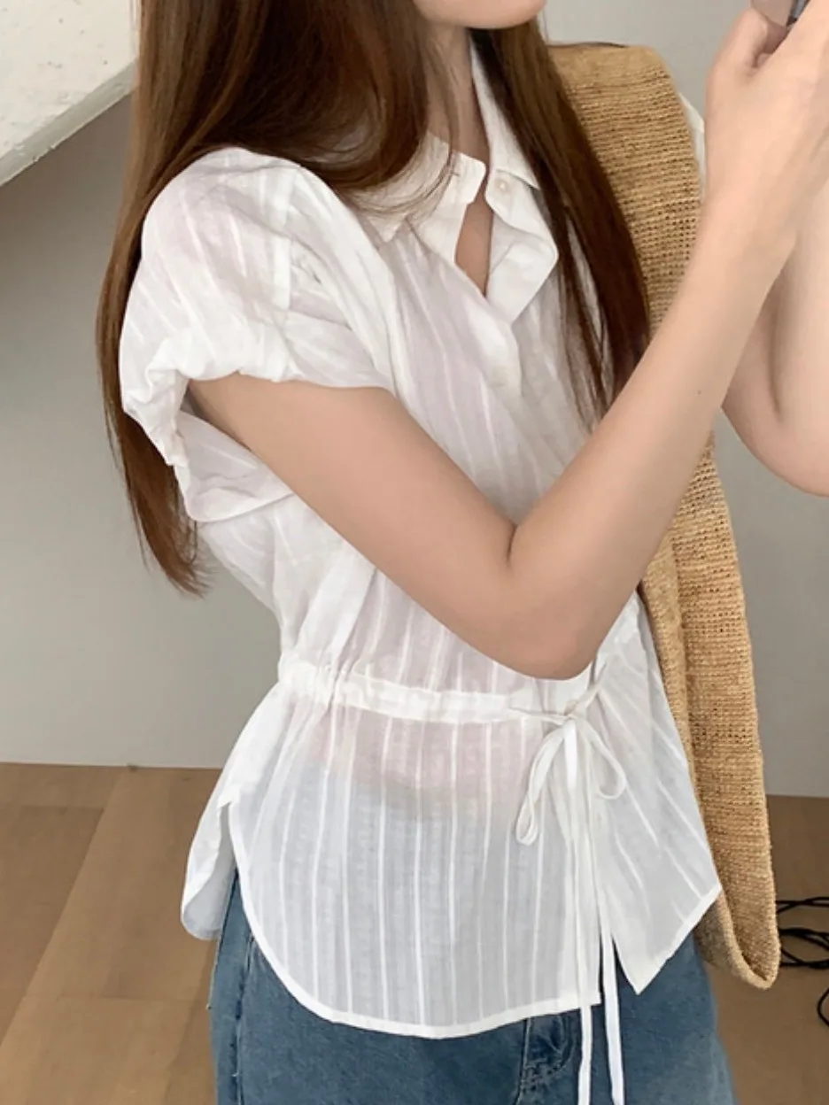 

Chic ort Sve irt Women's Sli Korean Striped Turn-down Collar Slimming Waist Design Summer Faion Top