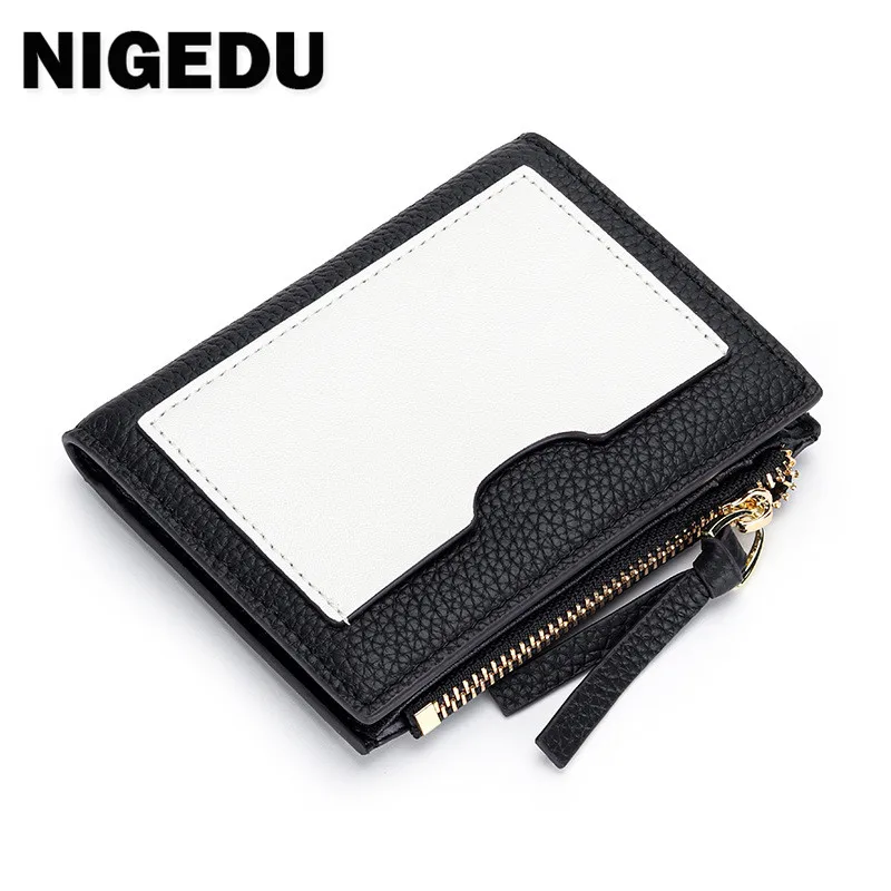 

Genuine leather wallet women short zipper purse brand design coin purse id card holder Cowhide ladies wallets panelled money