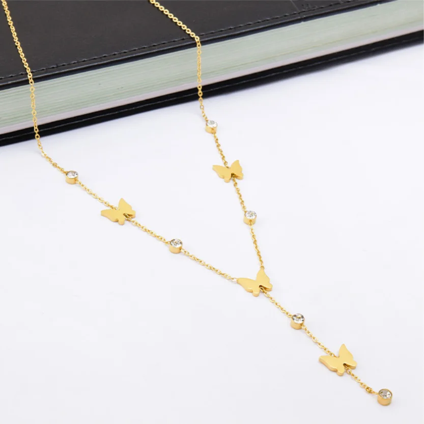 316L Stainless Steel New Fashion Fine Jewelry Embed Zircon Butterfly Tassel Charm Chain Choker Necklaces Pendants For Women
