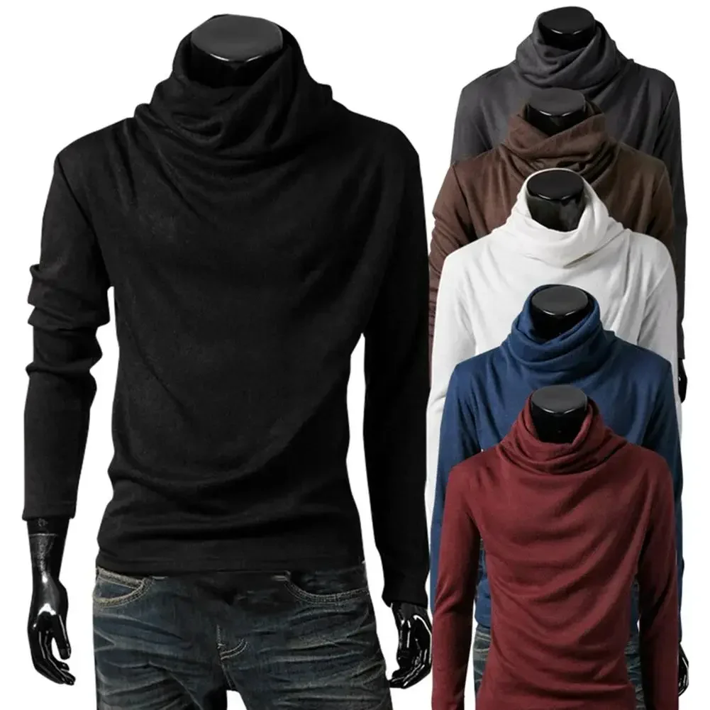 2025 New Men Fashion T Shirt Tees Slim Tops Male Stretch T-shirt Turtleneck Long Sleeve Tee Shirts High Collar Men's Cotton Tees