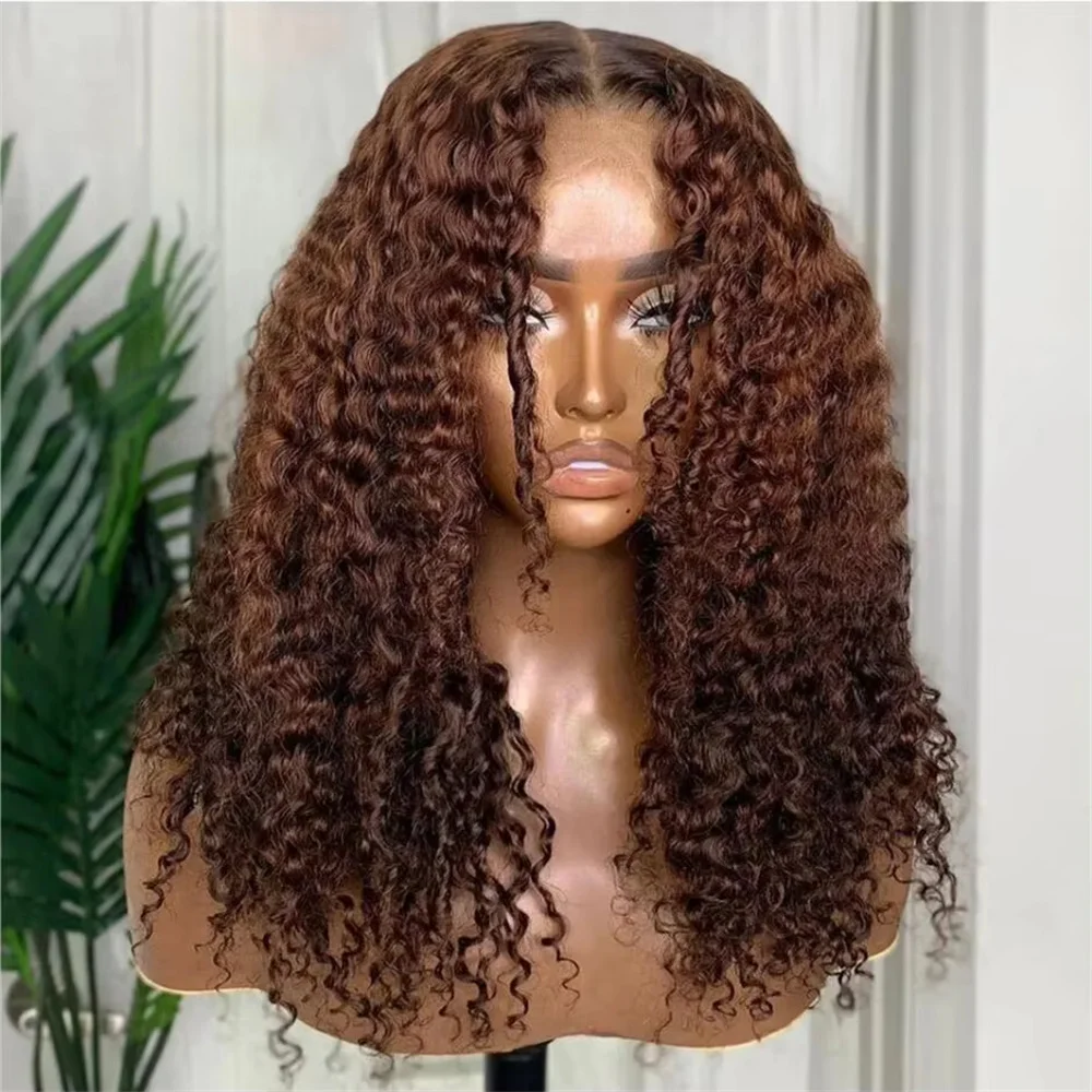 Soft Glueless 180Density Dark Brown 26inch Long Kinky Curly Deep Lace Front Wig For Women With Baby Hair Preplucked Daily